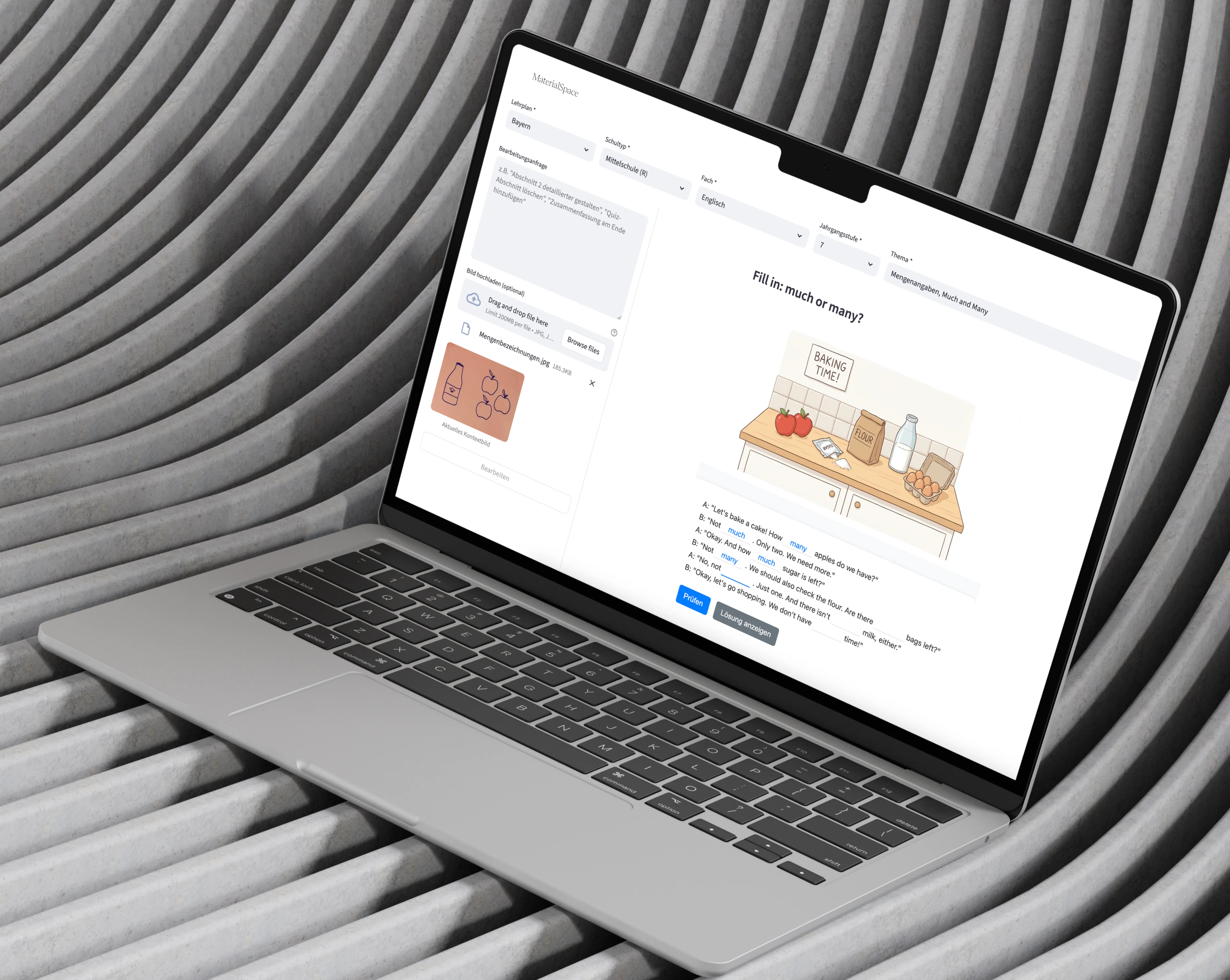 MaterialSpace open on a MacBook: the configuration panel beside a generated worksheet