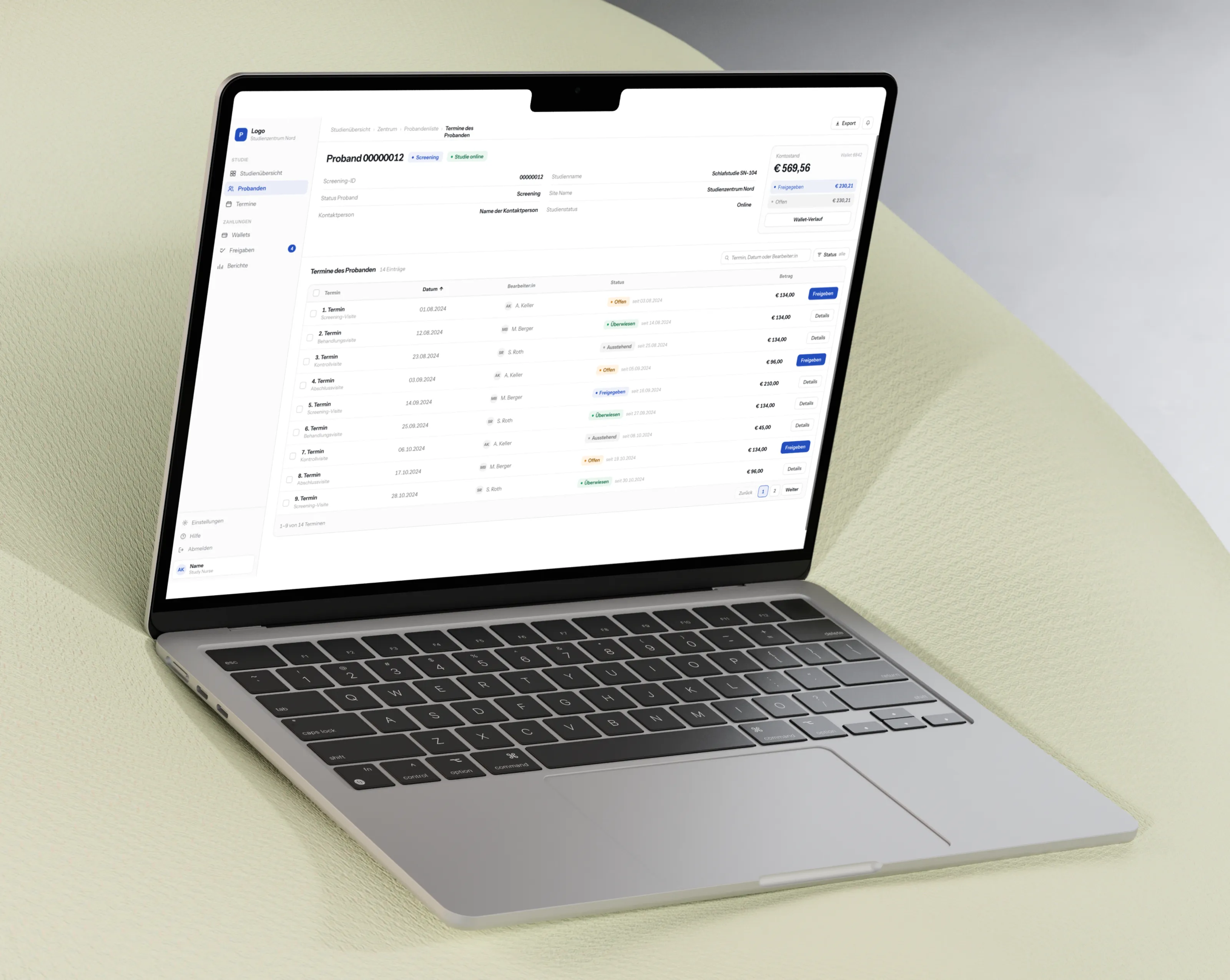 The Probando study-site dashboard open on a MacBook: a participant’s visits and their payouts
