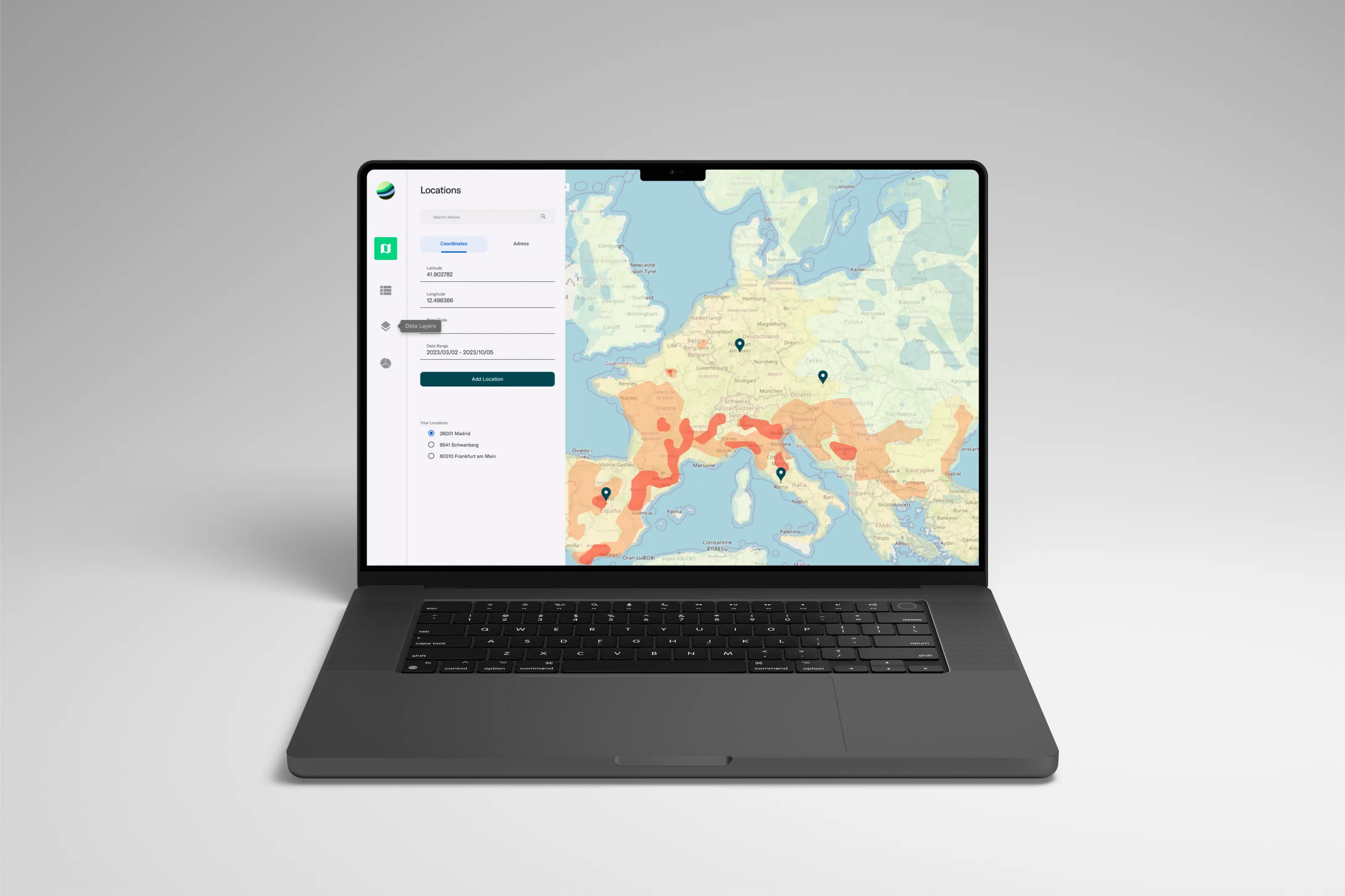 The refinq climate risk map open on a MacBook